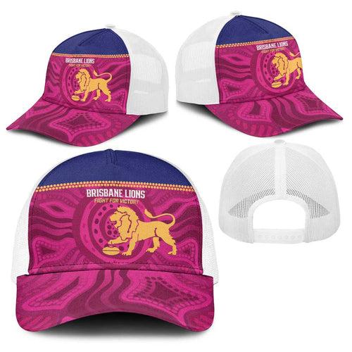 AFL Lions Football Baseball Net Cap Brisbane Fight For Victory Indigenous Art - Aussie Hoodie