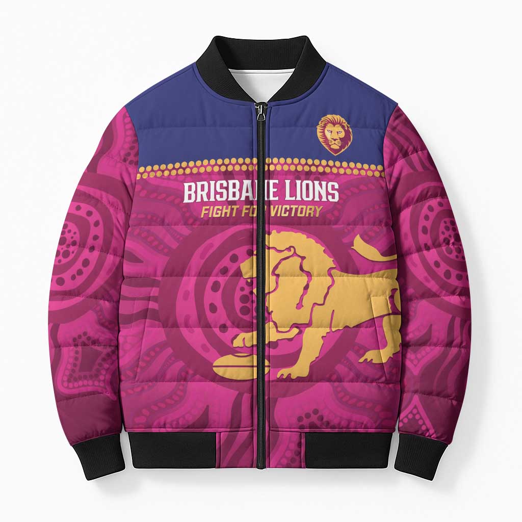AFL Lions Football Custom Bomber Puffer Jacket Brisbane Fight For Victory Indigenous Art - Aussie Hoodie