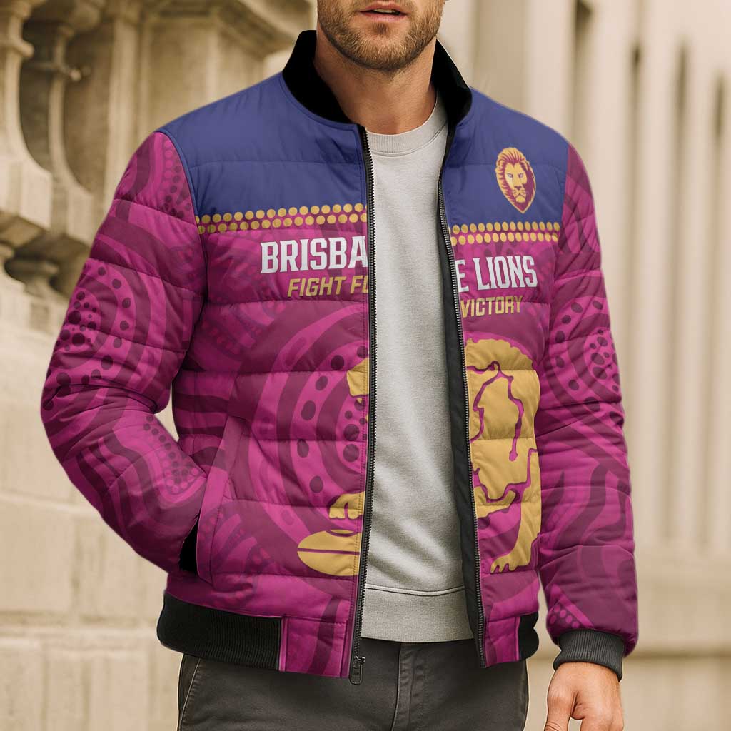 AFL Lions Football Custom Bomber Puffer Jacket Brisbane Fight For Victory Indigenous Art - Aussie Hoodie