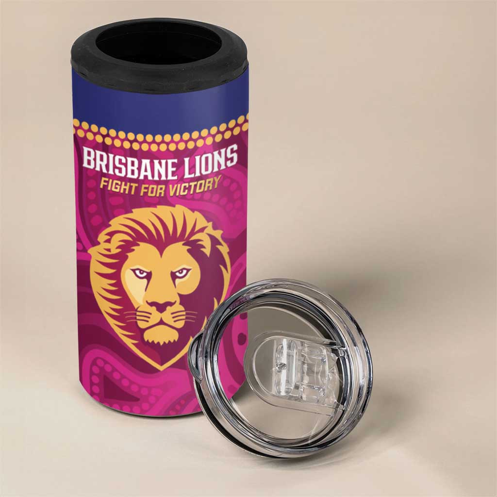 AFL Lions Football Custom 4 in 1 Can Cooler Tumbler Brisbane Fight For Victory Indigenous Art - Aussie Hoodie