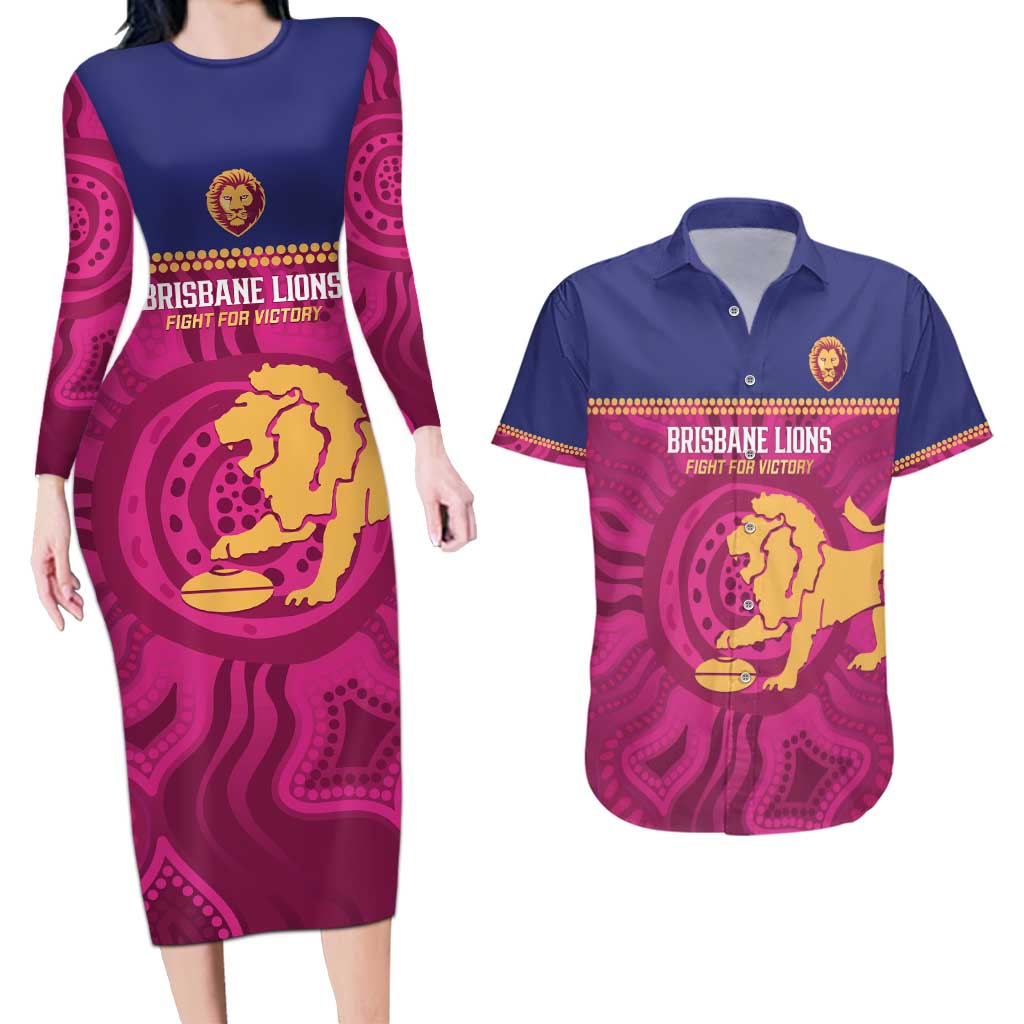 AFL Lions Football Custom Couples Matching Long Sleeve Bodycon Dress and Hawaiian Shirt Brisbane Fight For Victory Indigenous Art - Aussie Hoodie