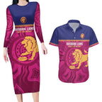 AFL Lions Football Custom Couples Matching Long Sleeve Bodycon Dress and Hawaiian Shirt Brisbane Fight For Victory Indigenous Art - Aussie Hoodie