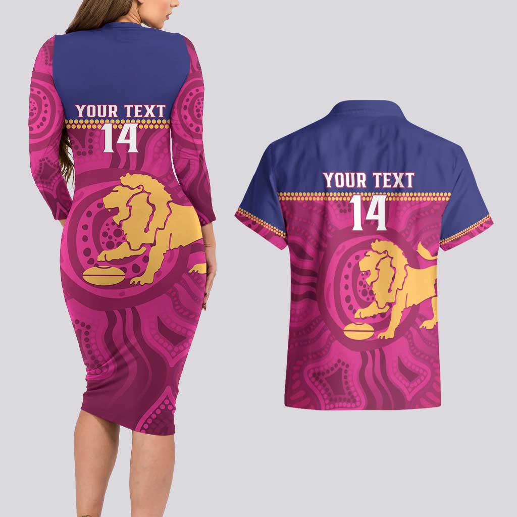 AFL Lions Football Custom Couples Matching Long Sleeve Bodycon Dress and Hawaiian Shirt Brisbane Fight For Victory Indigenous Art - Aussie Hoodie