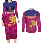 AFL Lions Football Custom Couples Matching Long Sleeve Bodycon Dress and Long Sleeve Button Shirt Brisbane Fight For Victory Indigenous Art - Aussie Hoodie