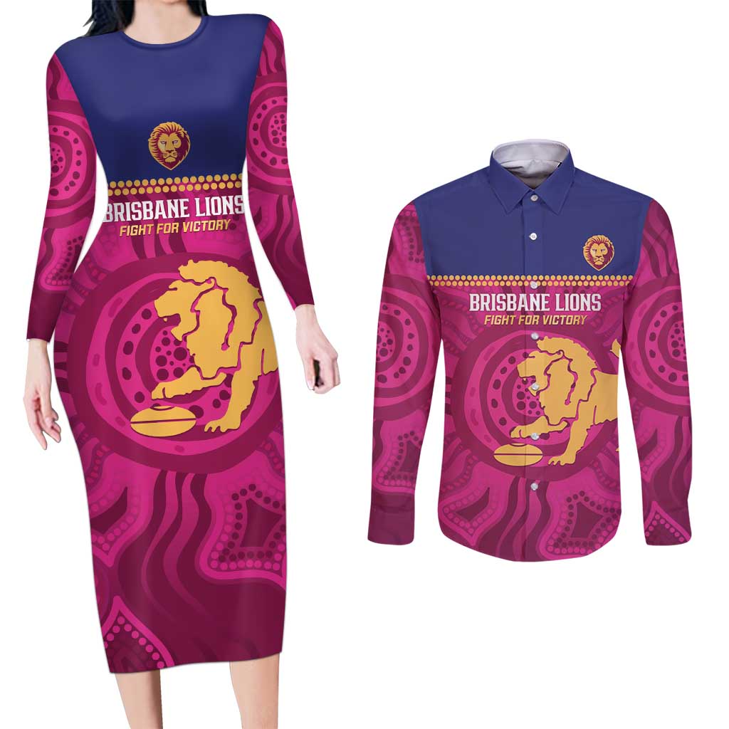 AFL Lions Football Custom Couples Matching Long Sleeve Bodycon Dress and Long Sleeve Button Shirt Brisbane Fight For Victory Indigenous Art - Aussie Hoodie