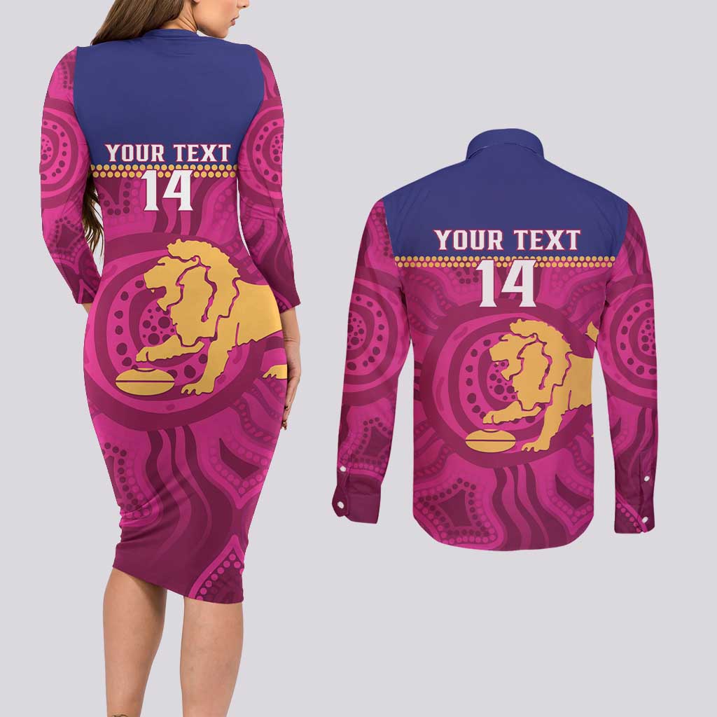 AFL Lions Football Custom Couples Matching Long Sleeve Bodycon Dress and Long Sleeve Button Shirt Brisbane Fight For Victory Indigenous Art - Aussie Hoodie