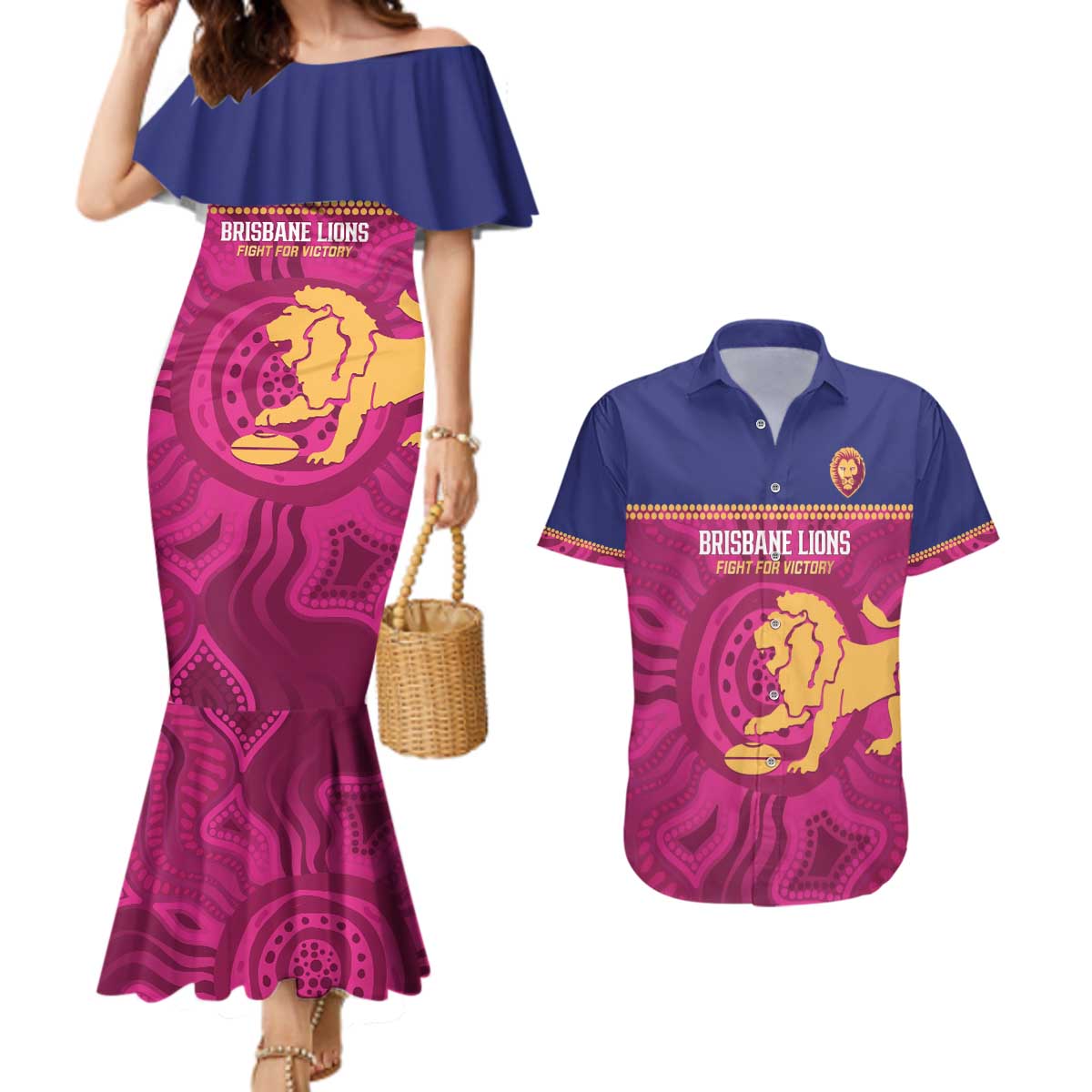 AFL Lions Football Custom Couples Matching Mermaid Dress and Hawaiian Shirt Brisbane Fight For Victory Indigenous Art - Aussie Hoodie