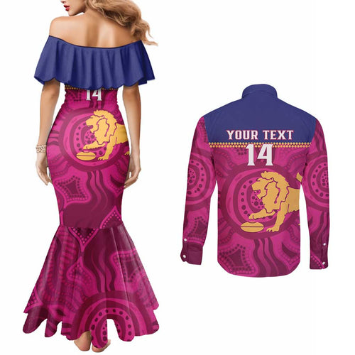 AFL Lions Football Custom Couples Matching Mermaid Dress and Long Sleeve Button Shirt Brisbane Fight For Victory Indigenous Art - Aussie Hoodie