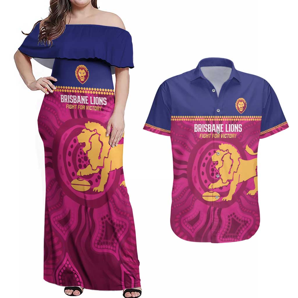 AFL Lions Football Custom Couples Matching Off Shoulder Maxi Dress and Hawaiian Shirt Brisbane Fight For Victory Indigenous Art - Aussie Hoodie