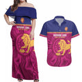 AFL Lions Football Custom Couples Matching Off Shoulder Maxi Dress and Hawaiian Shirt Brisbane Fight For Victory Indigenous Art - Aussie Hoodie