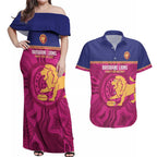 AFL Lions Football Custom Couples Matching Off Shoulder Maxi Dress and Hawaiian Shirt Brisbane Fight For Victory Indigenous Art - Aussie Hoodie