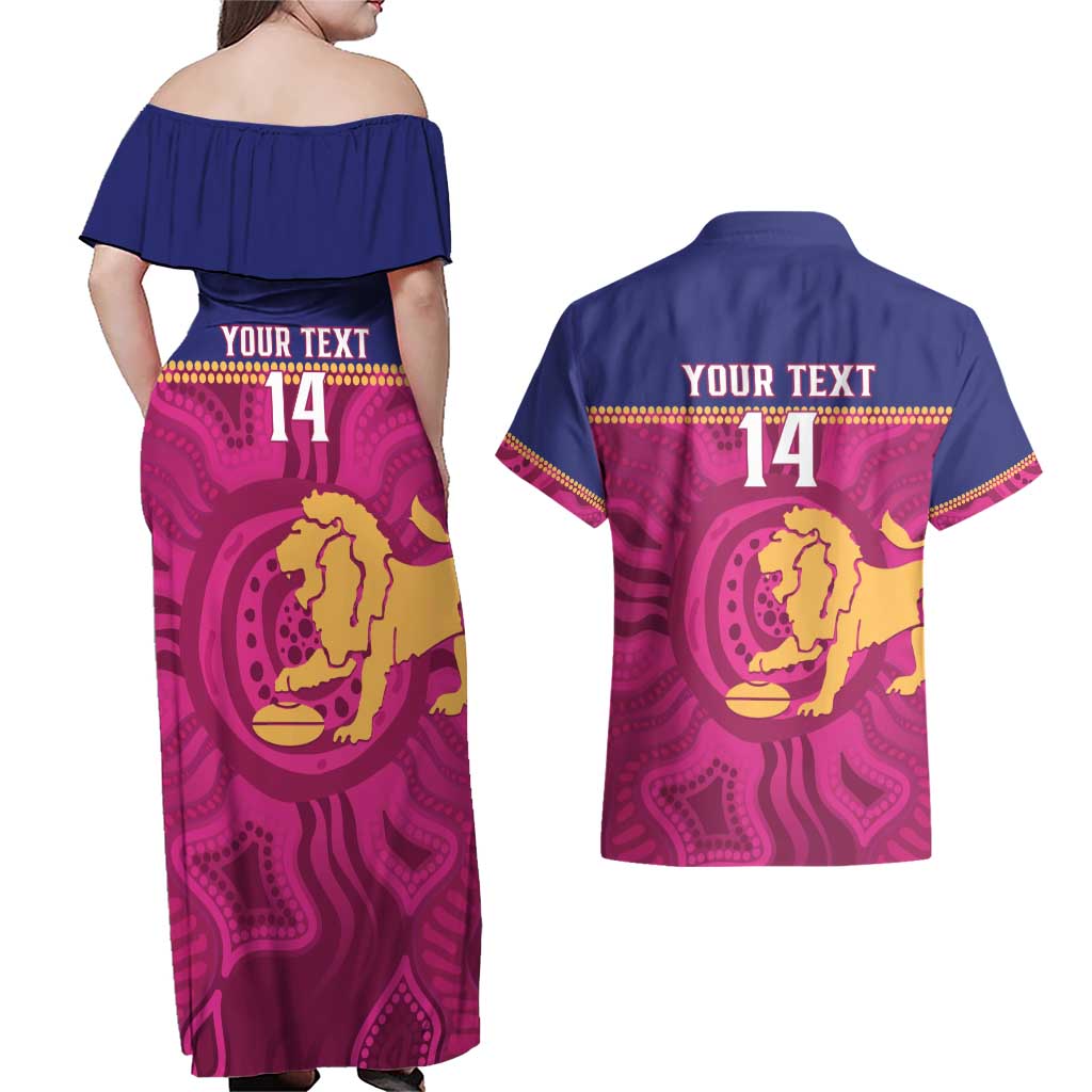 AFL Lions Football Custom Couples Matching Off Shoulder Maxi Dress and Hawaiian Shirt Brisbane Fight For Victory Indigenous Art - Aussie Hoodie