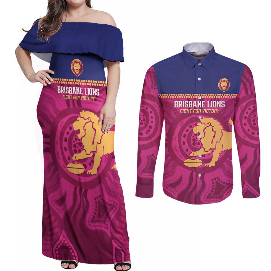 AFL Lions Football Custom Couples Matching Off Shoulder Maxi Dress and Long Sleeve Button Shirt Brisbane Fight For Victory Indigenous Art - Aussie Hoodie
