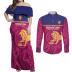 AFL Lions Football Custom Couples Matching Off Shoulder Maxi Dress and Long Sleeve Button Shirt Brisbane Fight For Victory Indigenous Art - Aussie Hoodie