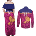 AFL Lions Football Custom Couples Matching Off Shoulder Maxi Dress and Long Sleeve Button Shirt Brisbane Fight For Victory Indigenous Art - Aussie Hoodie