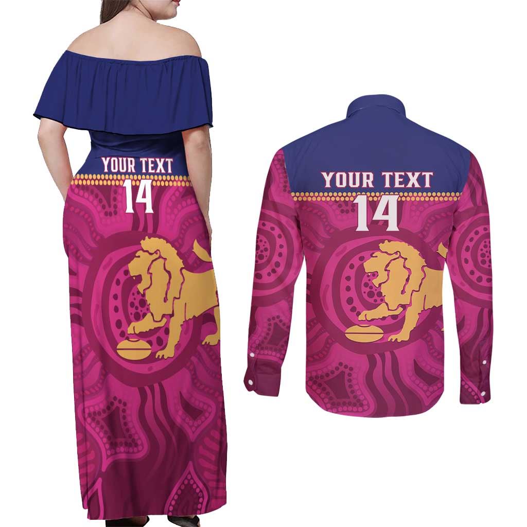 AFL Lions Football Custom Couples Matching Off Shoulder Maxi Dress and Long Sleeve Button Shirt Brisbane Fight For Victory Indigenous Art - Aussie Hoodie
