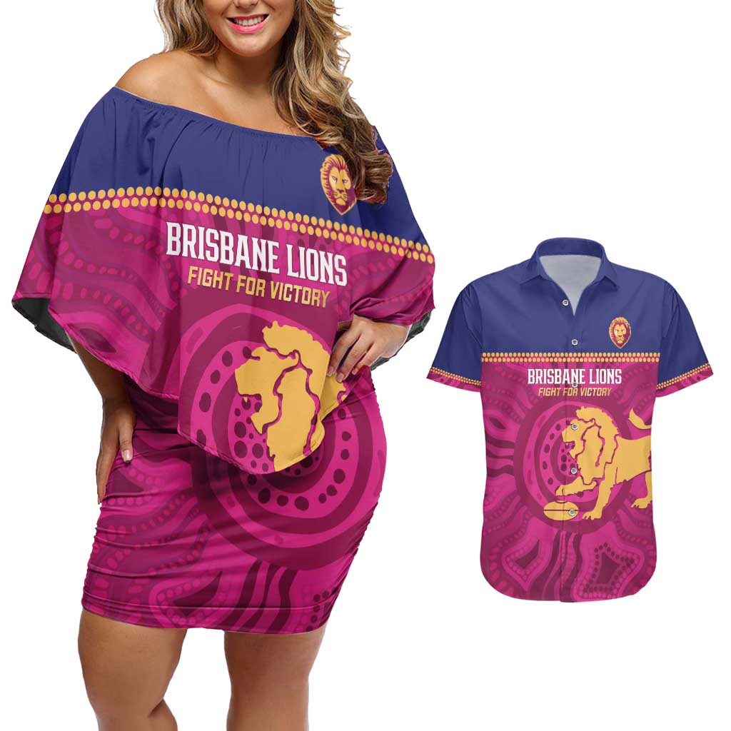 AFL Lions Football Custom Couples Matching Off Shoulder Short Dress and Hawaiian Shirt Brisbane Fight For Victory Indigenous Art - Aussie Hoodie