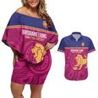 AFL Lions Football Custom Couples Matching Off Shoulder Short Dress and Hawaiian Shirt Brisbane Fight For Victory Indigenous Art - Aussie Hoodie