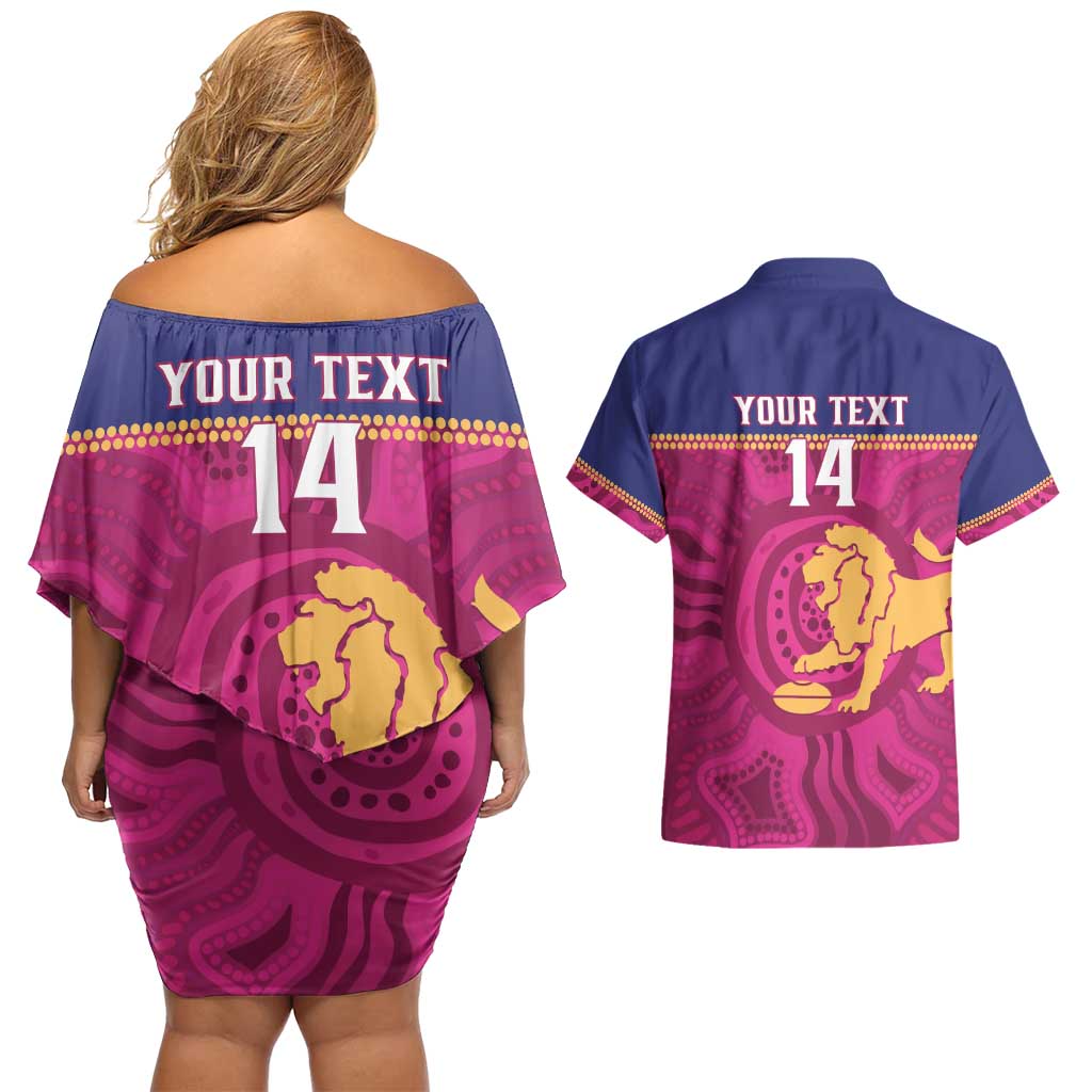 AFL Lions Football Custom Couples Matching Off Shoulder Short Dress and Hawaiian Shirt Brisbane Fight For Victory Indigenous Art - Aussie Hoodie
