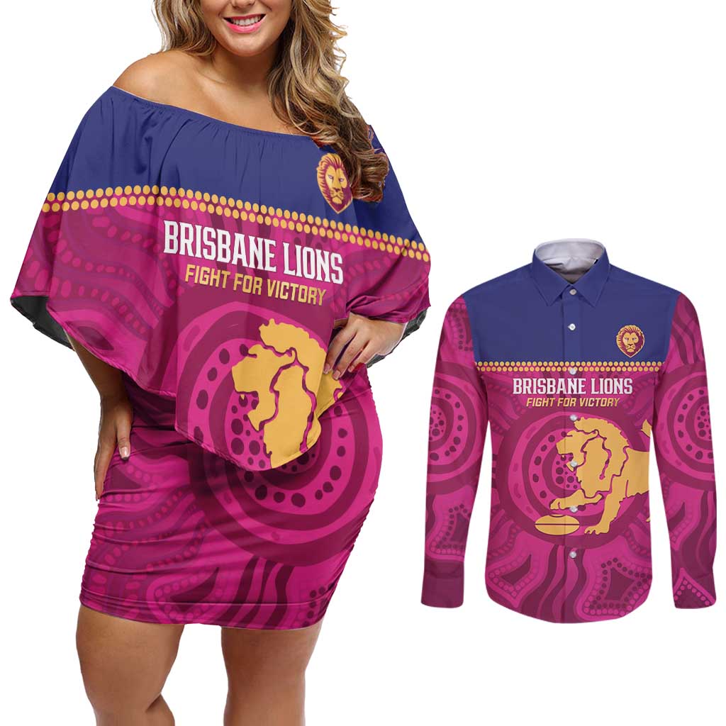AFL Lions Football Custom Couples Matching Off Shoulder Short Dress and Long Sleeve Button Shirt Brisbane Fight For Victory Indigenous Art - Aussie Hoodie