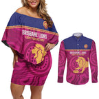AFL Lions Football Custom Couples Matching Off Shoulder Short Dress and Long Sleeve Button Shirt Brisbane Fight For Victory Indigenous Art - Aussie Hoodie