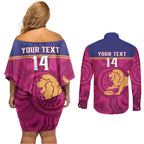 AFL Lions Football Custom Couples Matching Off Shoulder Short Dress and Long Sleeve Button Shirt Brisbane Fight For Victory Indigenous Art - Aussie Hoodie