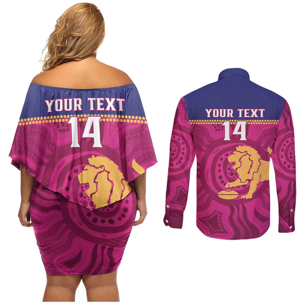 AFL Lions Football Custom Couples Matching Off Shoulder Short Dress and Long Sleeve Button Shirt Brisbane Fight For Victory Indigenous Art - Aussie Hoodie