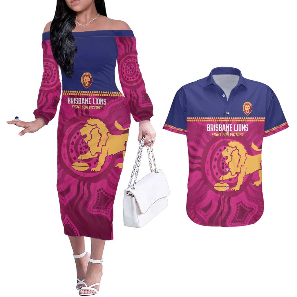 AFL Lions Football Custom Couples Matching Off The Shoulder Long Sleeve Dress and Hawaiian Shirt Brisbane Fight For Victory Indigenous Art - Aussie Hoodie