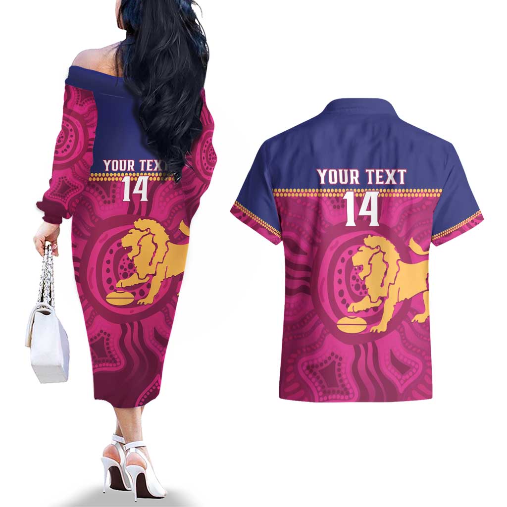 AFL Lions Football Custom Couples Matching Off The Shoulder Long Sleeve Dress and Hawaiian Shirt Brisbane Fight For Victory Indigenous Art - Aussie Hoodie