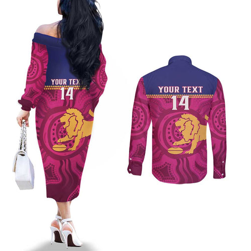 AFL Lions Football Custom Couples Matching Off The Shoulder Long Sleeve Dress and Long Sleeve Button Shirt Brisbane Fight For Victory Indigenous Art - Aussie Hoodie