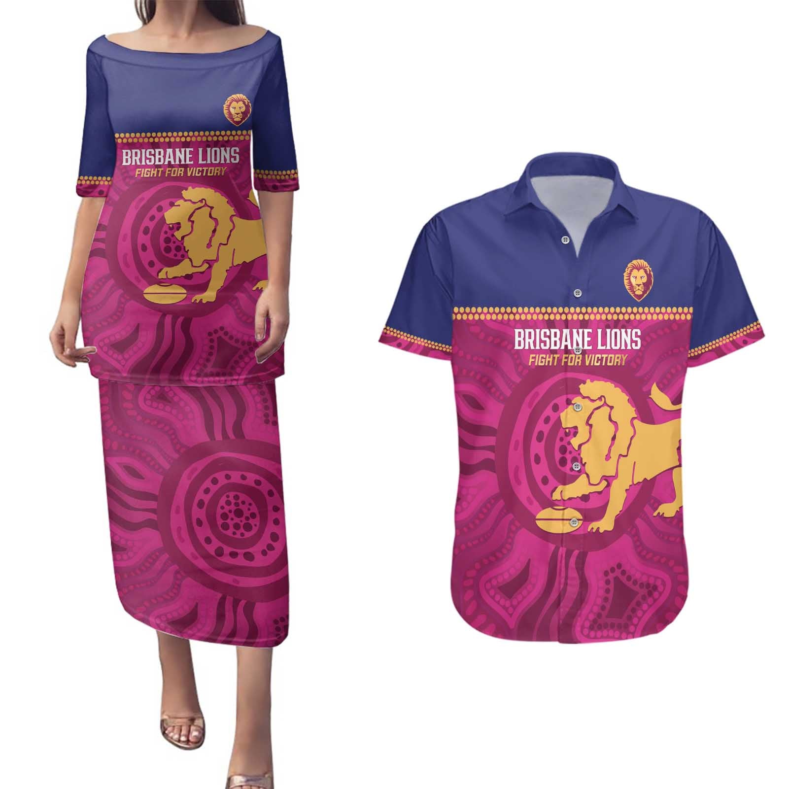 AFL Lions Football Custom Couples Matching Puletasi and Hawaiian Shirt Brisbane Fight For Victory Indigenous Art - Aussie Hoodie