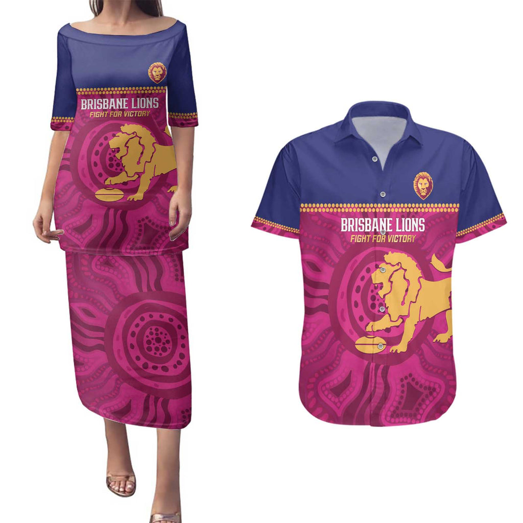 AFL Lions Football Custom Couples Matching Puletasi and Hawaiian Shirt Brisbane Fight For Victory Indigenous Art - Aussie Hoodie