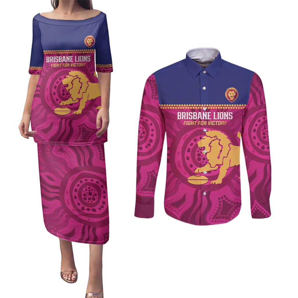 AFL Lions Football Custom Couples Matching Puletasi and Long Sleeve Button Shirt Brisbane Fight For Victory Indigenous Art - Aussie Hoodie