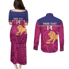 AFL Lions Football Custom Couples Matching Puletasi and Long Sleeve Button Shirt Brisbane Fight For Victory Indigenous Art - Aussie Hoodie