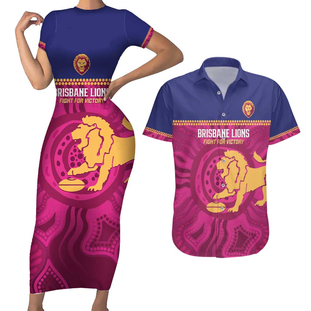 AFL Lions Football Custom Couples Matching Short Sleeve Bodycon Dress and Hawaiian Shirt Brisbane Fight For Victory Indigenous Art - Aussie Hoodie