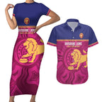 AFL Lions Football Custom Couples Matching Short Sleeve Bodycon Dress and Hawaiian Shirt Brisbane Fight For Victory Indigenous Art - Aussie Hoodie
