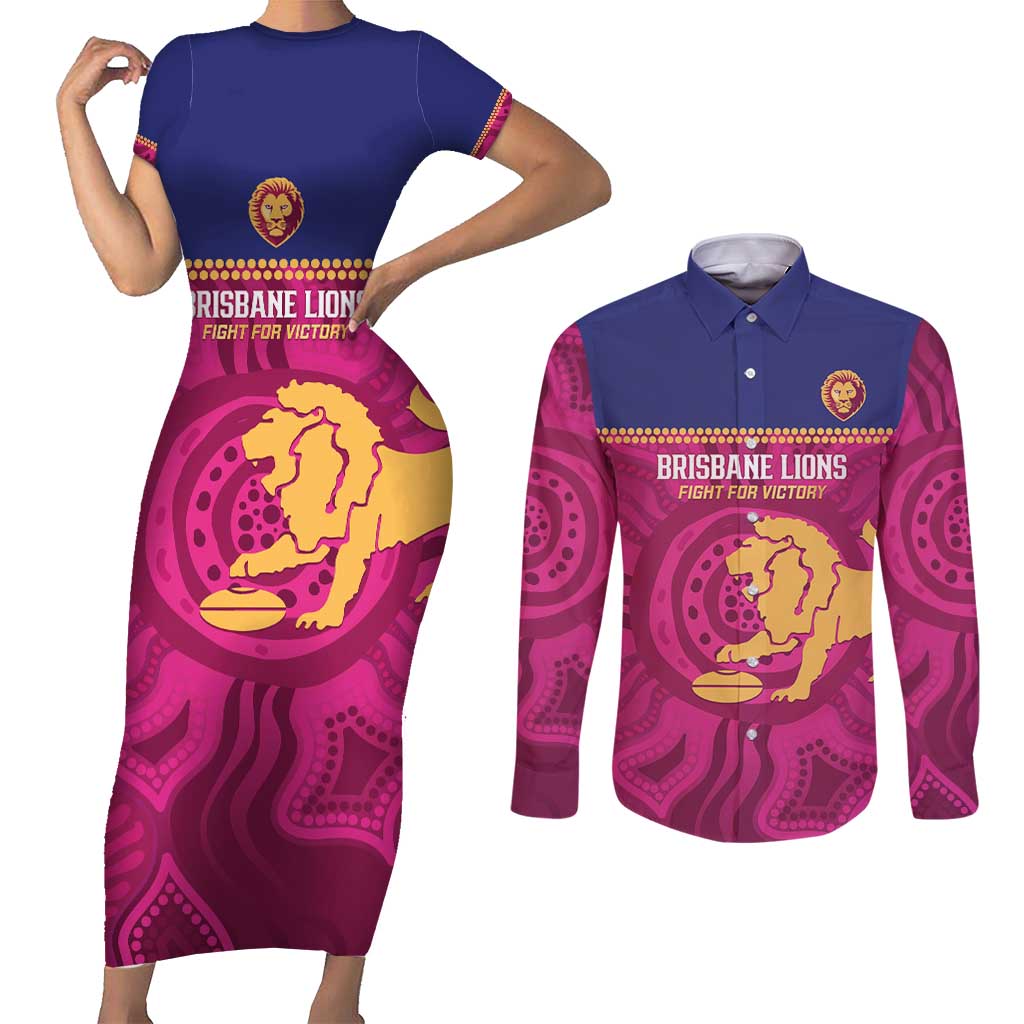 AFL Lions Football Custom Couples Matching Short Sleeve Bodycon Dress and Long Sleeve Button Shirt Brisbane Fight For Victory Indigenous Art - Aussie Hoodie