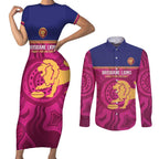 AFL Lions Football Custom Couples Matching Short Sleeve Bodycon Dress and Long Sleeve Button Shirt Brisbane Fight For Victory Indigenous Art - Aussie Hoodie