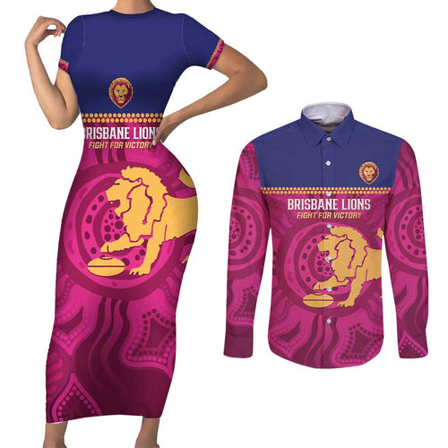 AFL Lions Football Custom Couples Matching Short Sleeve Bodycon Dress and Long Sleeve Button Shirt Brisbane Fight For Victory Indigenous Art - Aussie Hoodie