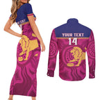 AFL Lions Football Custom Couples Matching Short Sleeve Bodycon Dress and Long Sleeve Button Shirt Brisbane Fight For Victory Indigenous Art - Aussie Hoodie