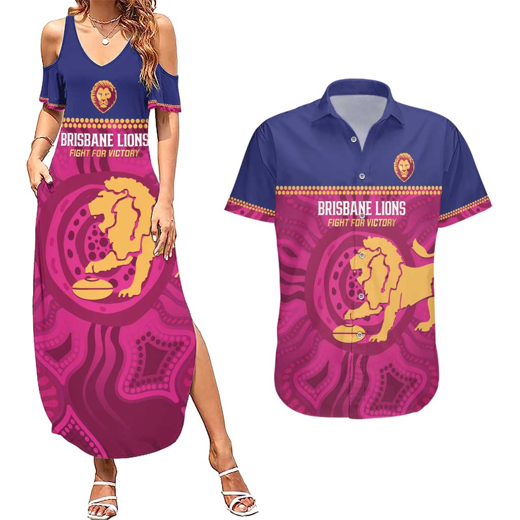 AFL Lions Football Custom Couples Matching Summer Maxi Dress and Hawaiian Shirt Brisbane Fight For Victory Indigenous Art - Aussie Hoodie