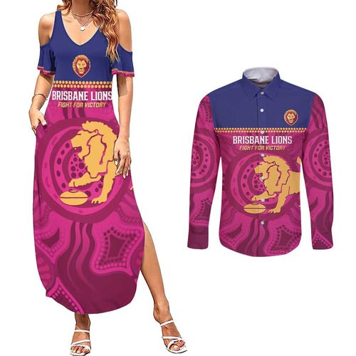AFL Lions Football Custom Couples Matching Summer Maxi Dress and Long Sleeve Button Shirt Brisbane Fight For Victory Indigenous Art - Aussie Hoodie