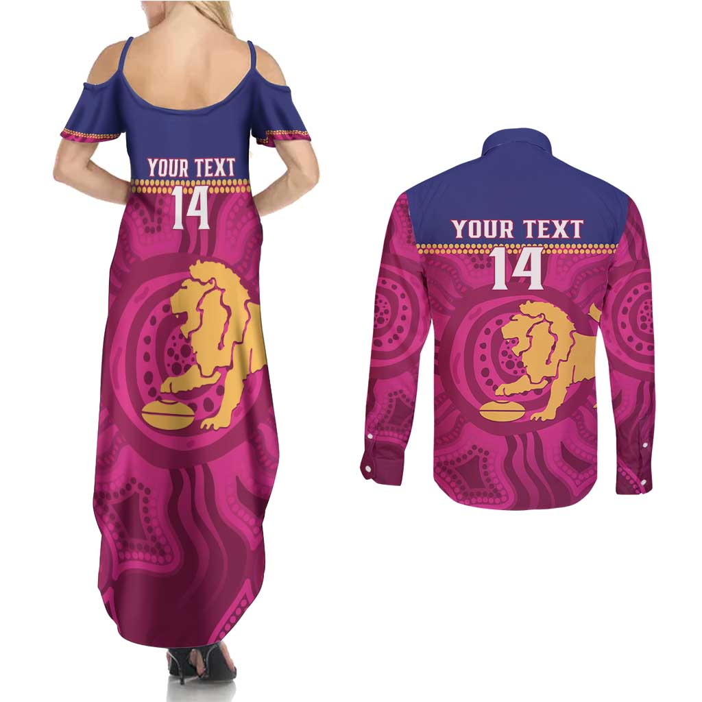 AFL Lions Football Custom Couples Matching Summer Maxi Dress and Long Sleeve Button Shirt Brisbane Fight For Victory Indigenous Art - Aussie Hoodie