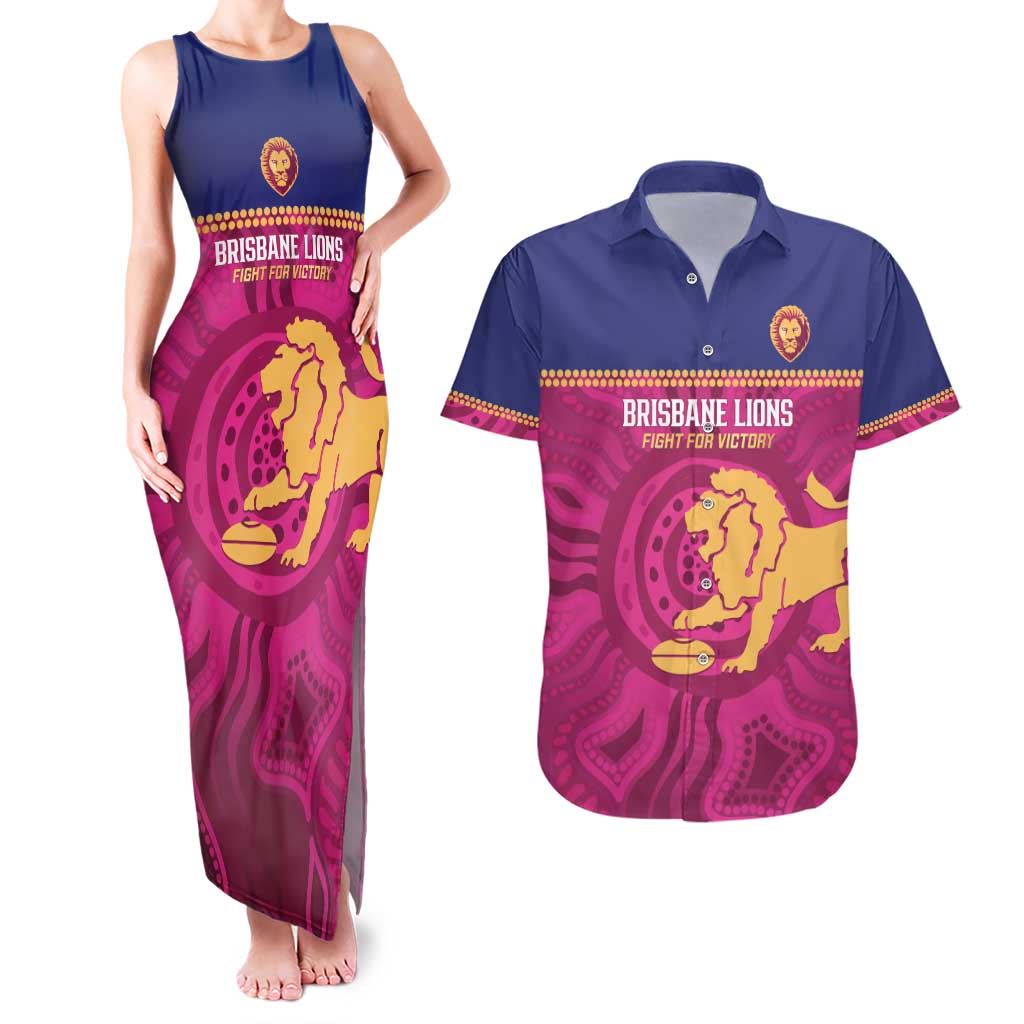 AFL Lions Football Custom Couples Matching Tank Maxi Dress and Hawaiian Shirt Brisbane Fight For Victory Indigenous Art - Aussie Hoodie