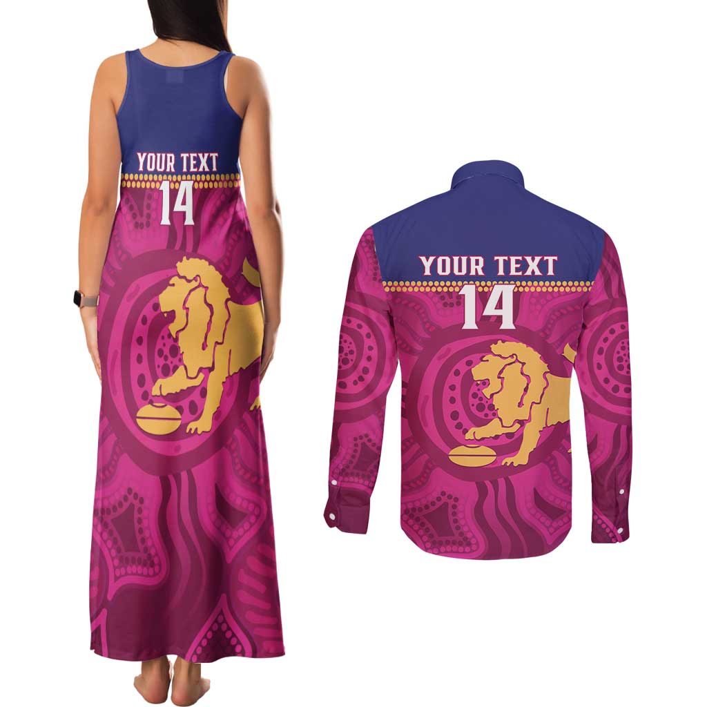 AFL Lions Football Custom Couples Matching Tank Maxi Dress and Long Sleeve Button Shirt Brisbane Fight For Victory Indigenous Art - Aussie Hoodie