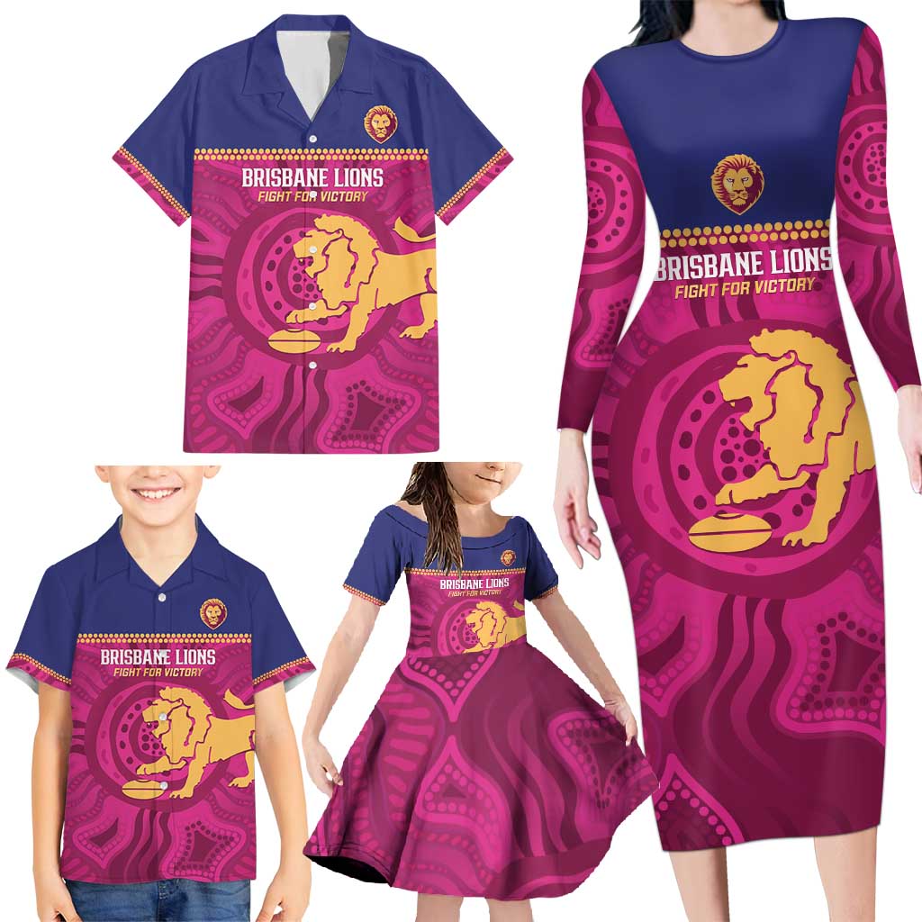 AFL Lions Football Custom Family Matching Long Sleeve Bodycon Dress and Hawaiian Shirt Brisbane Fight For Victory Indigenous Art - Aussie Hoodie