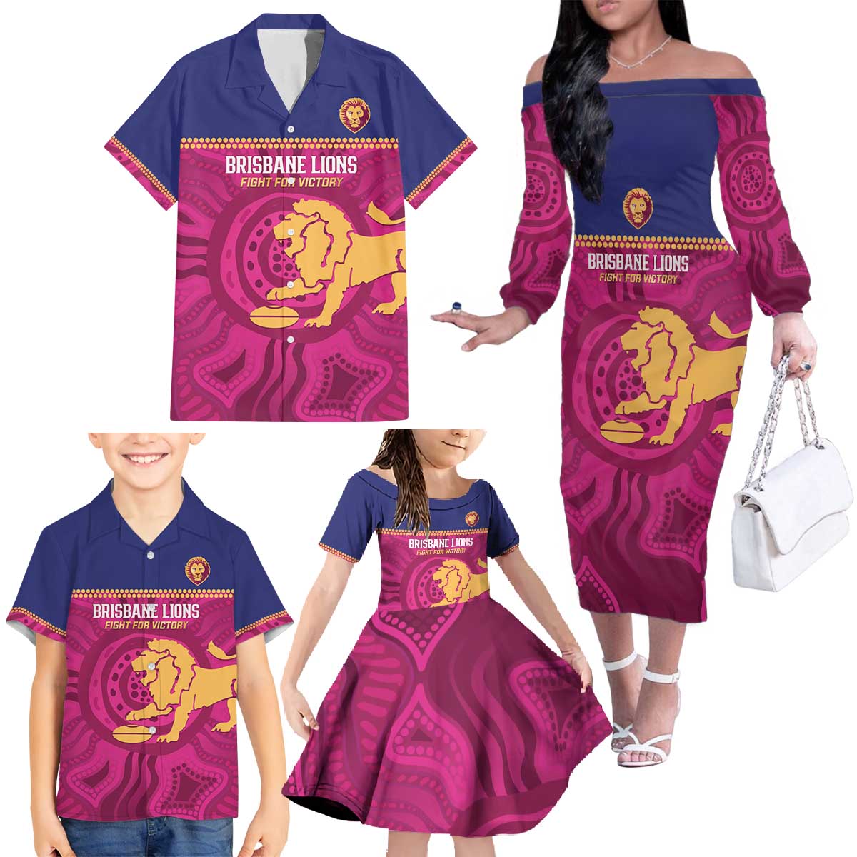 AFL Lions Football Custom Family Matching Off The Shoulder Long Sleeve Dress and Hawaiian Shirt Brisbane Fight For Victory Indigenous Art - Aussie Hoodie
