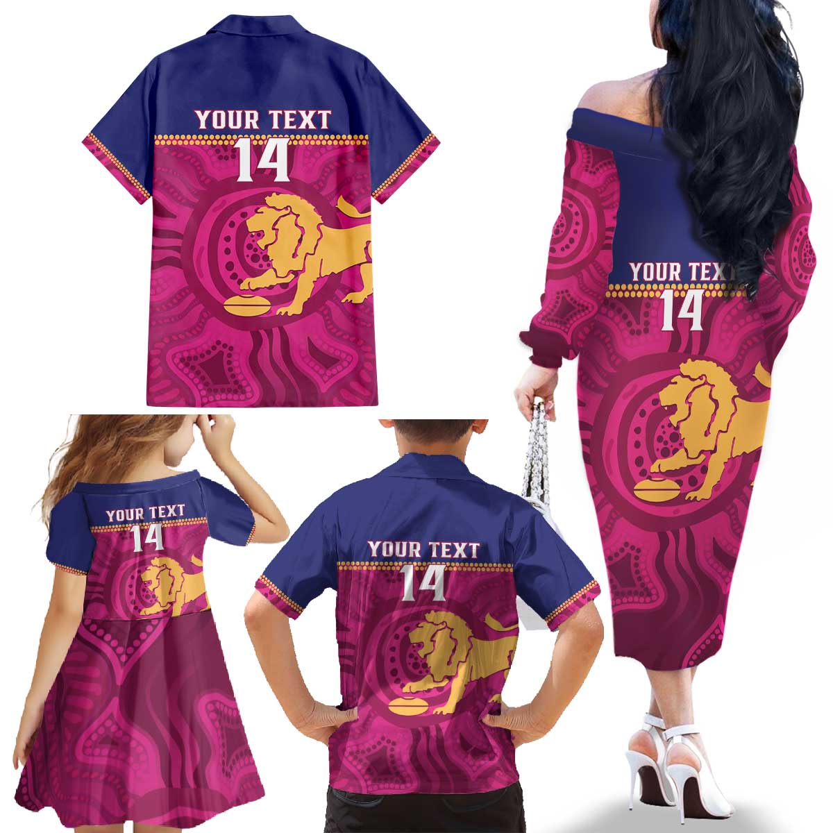AFL Lions Football Custom Family Matching Off The Shoulder Long Sleeve Dress and Hawaiian Shirt Brisbane Fight For Victory Indigenous Art - Aussie Hoodie
