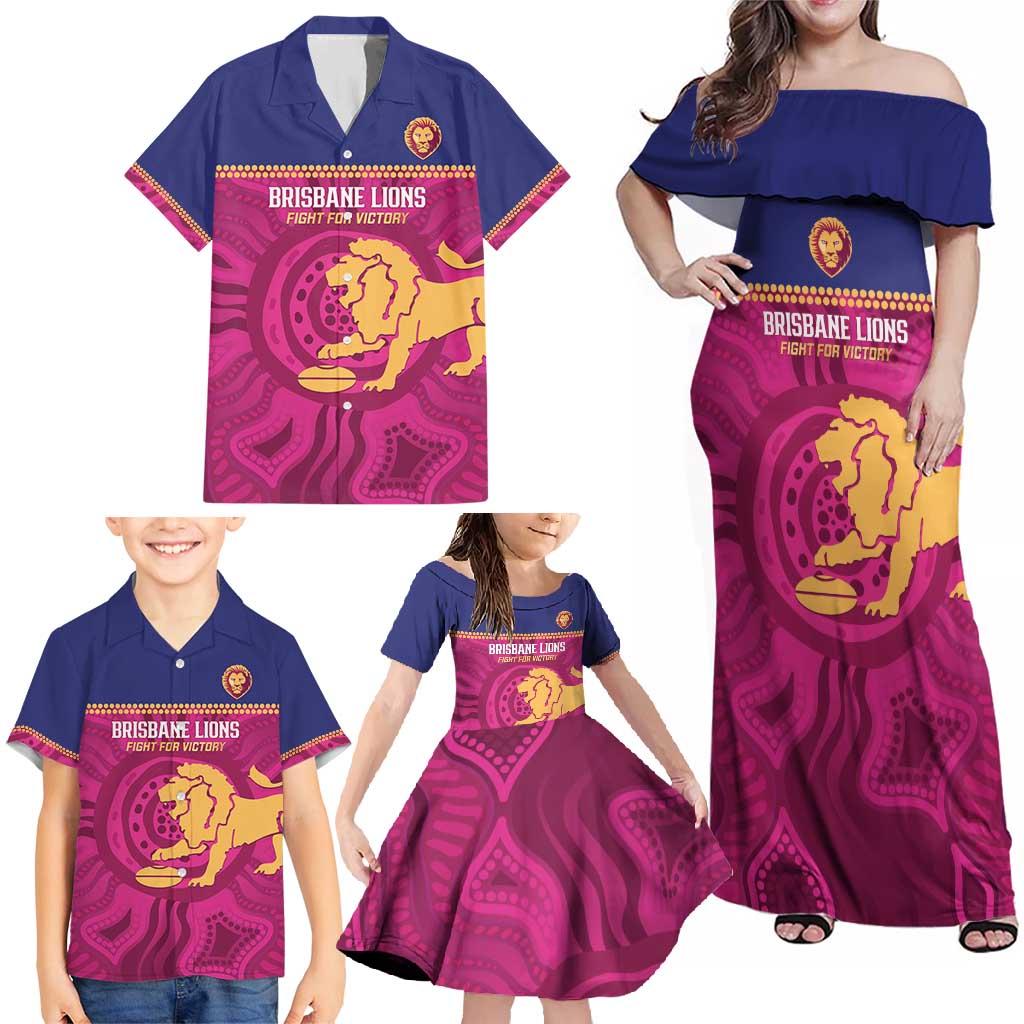 AFL Lions Football Custom Family Matching Off Shoulder Maxi Dress and Hawaiian Shirt Brisbane Fight For Victory Indigenous Art - Aussie Hoodie
