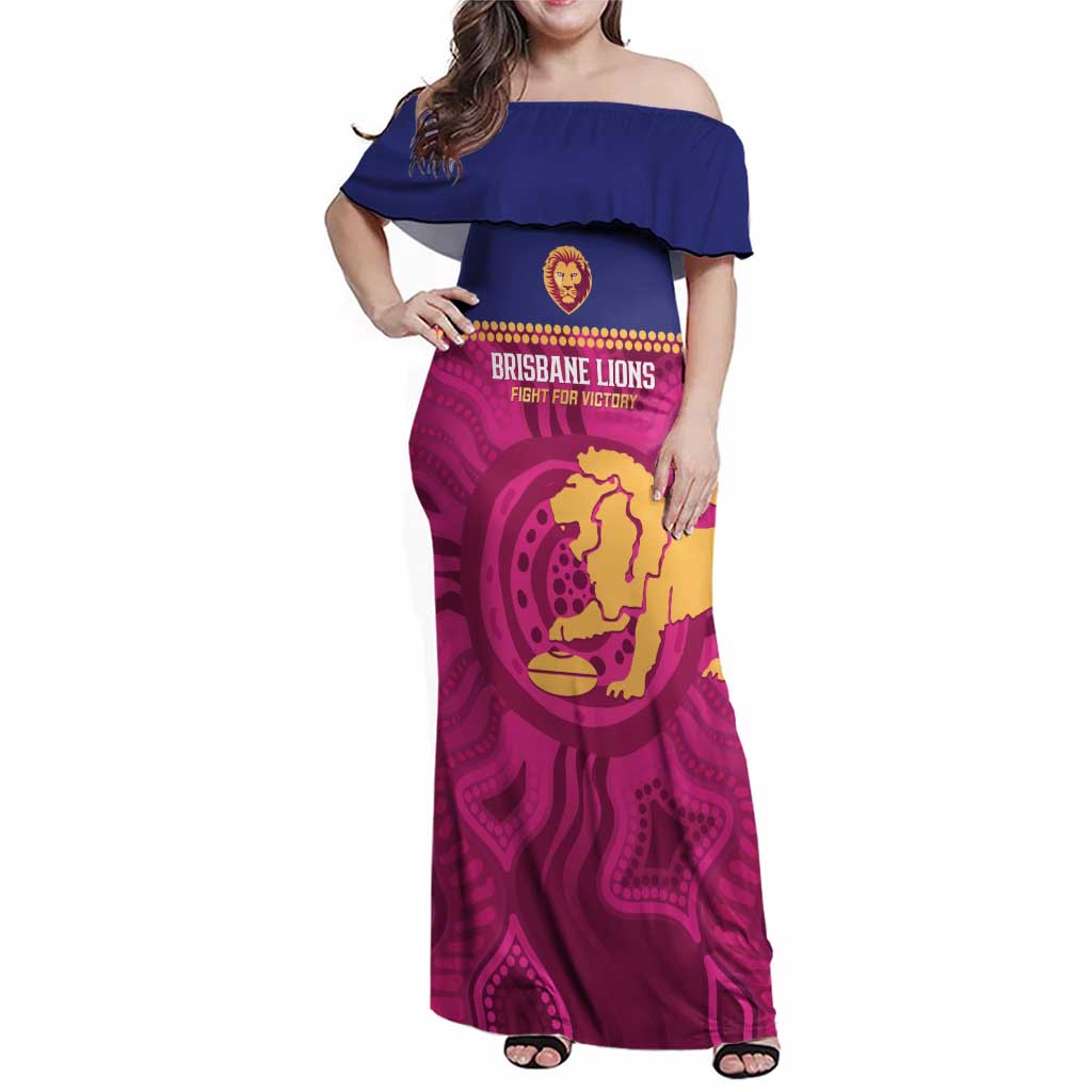 AFL Lions Football Custom Family Matching Off Shoulder Maxi Dress and Hawaiian Shirt Brisbane Fight For Victory Indigenous Art - Aussie Hoodie